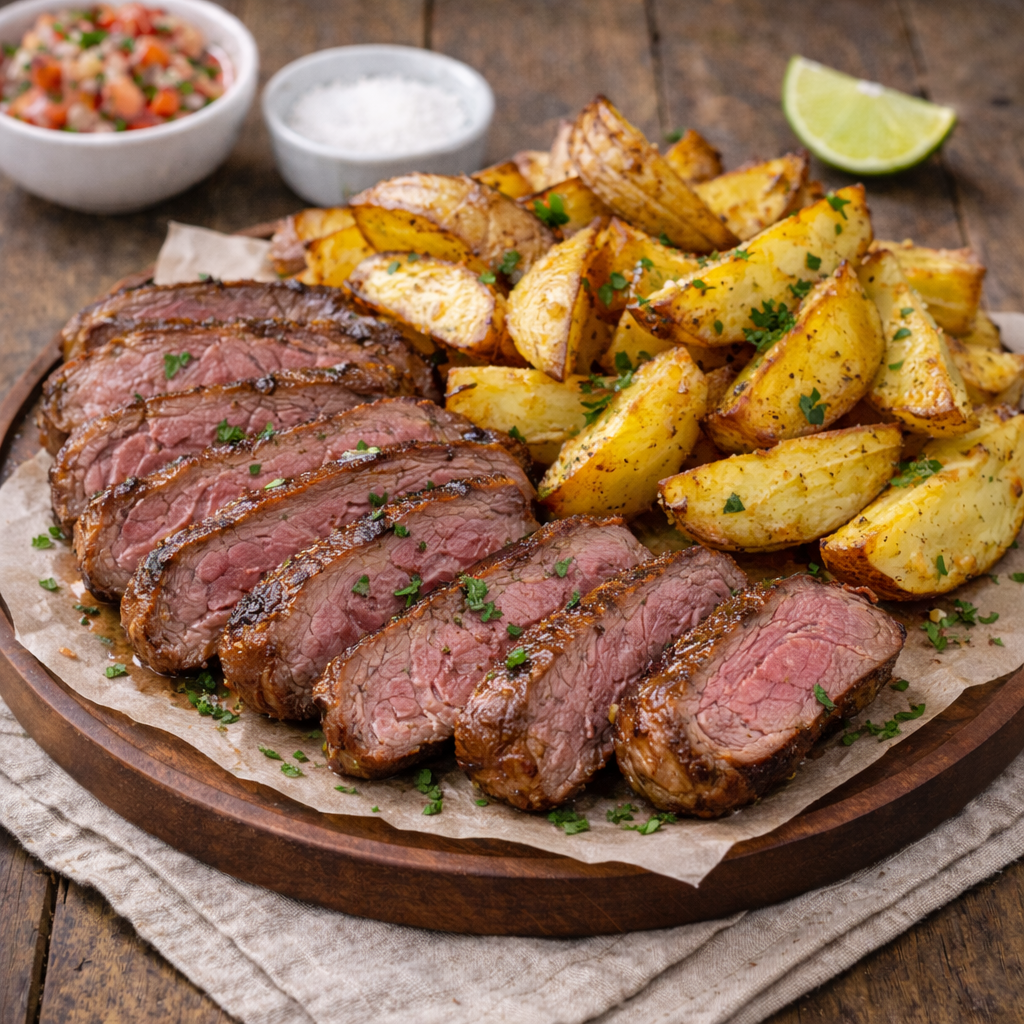 Contra filé com batata rústica 